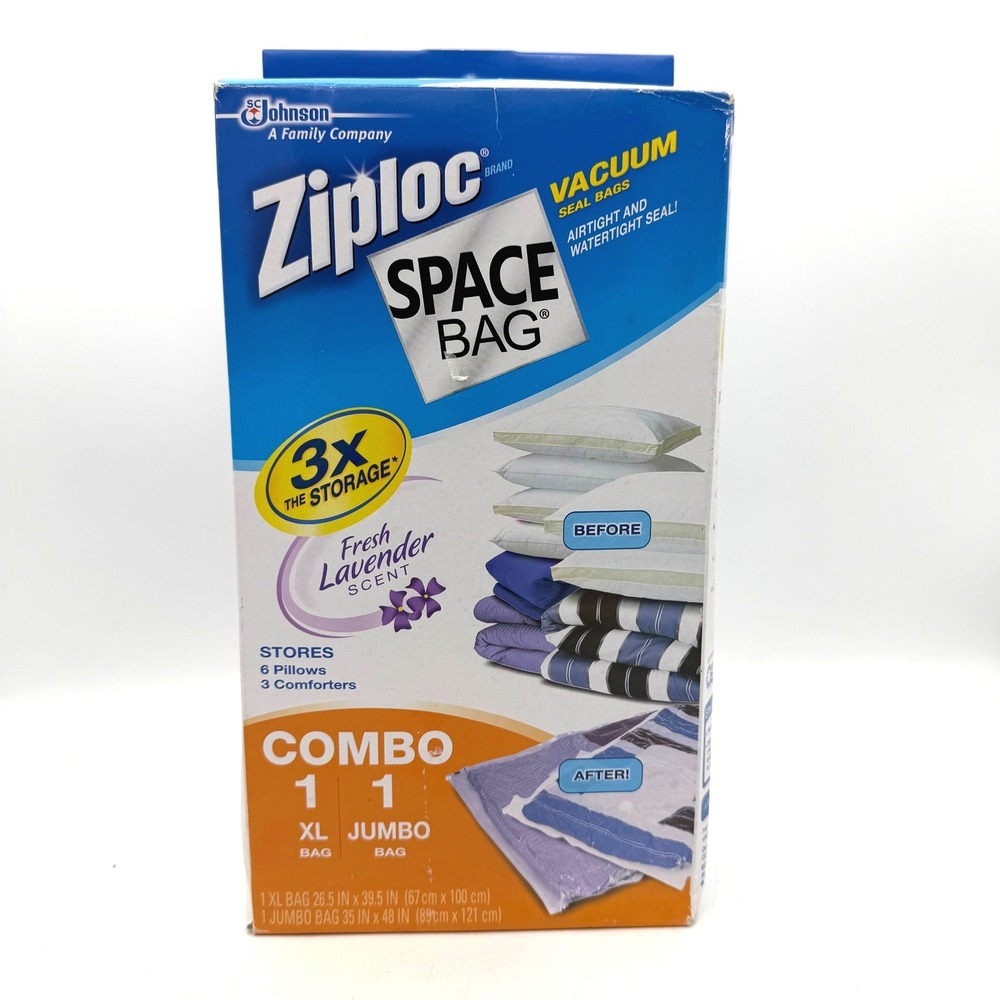 Ziploc Space Bag Vacuum Seal Bags 1 XL 1 Jumbo Purple Lavender Scented Open Box